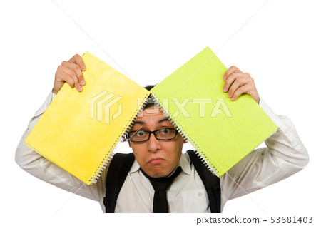 Male student holding notes isolated on white Male student holding notes isolated on white 53681403