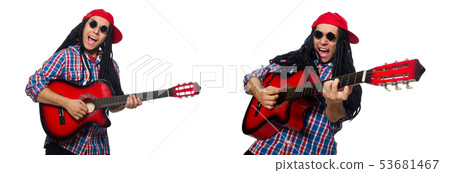Man with dreadlocks holding guitar isolated on white 53681467
