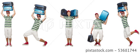Young man with heavy suitcases isolated on white Young man with heavy suitcases isolated on white 53681744