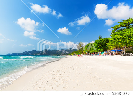 View of nice tropical beach with green palms View of nice tropical beach with green palms 53681822