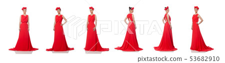 Pretty caucasian model in red long evening dress isolated on whi Pretty caucasian model in red long evening dress isolated on whi 53682910