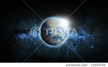 Planet Earth with sunrise on space background. Planet Earth with sunrise on space background. 53684306