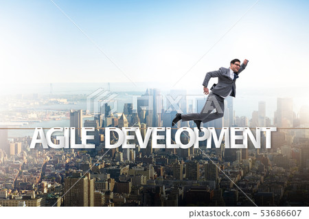 Agile transformation concept with businessman walking on tight r Agile transformation concept with businessman walking on tight r 53686607