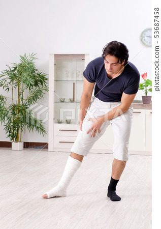 Leg injured young man suffering at home  53687458