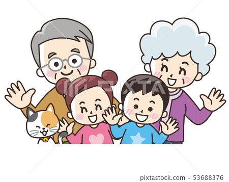 Grandparents with grandson and pet cat spring 53688376