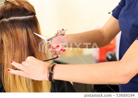 Female hairdresser hold in hand between fingers lock of blonde hair 53689194
