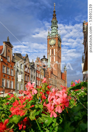 Gdansk city with town hall against flowers in 53691139