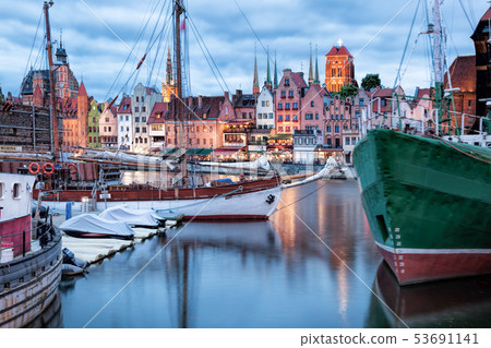 Downtown of Gdansk with boats in harbor during 53691141