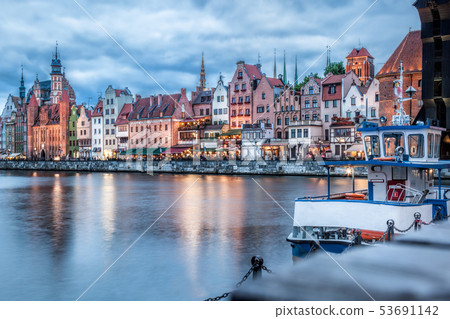 Downtown of Gdansk with boats in harbor during 53691142