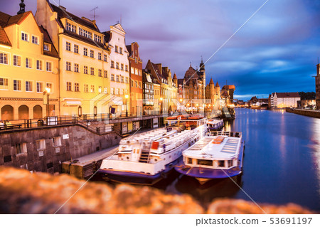 Downtown of Gdansk with boats in harbor during 53691197