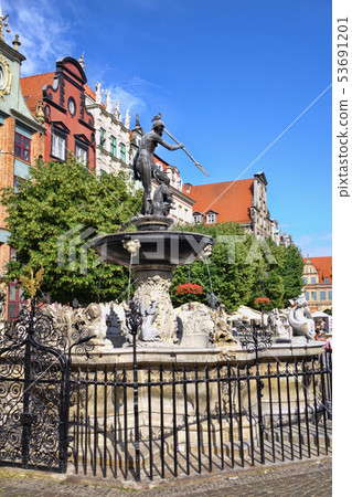 Gdansk city center with fountain in Poland 53691201