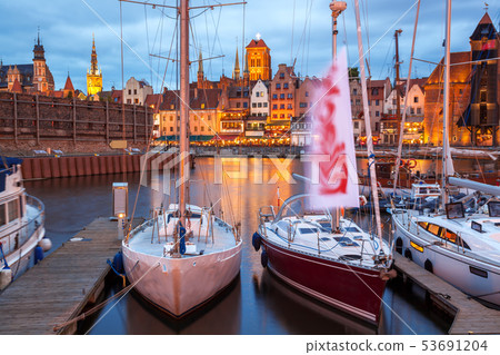 Downtown of Gdansk with boats in harbor during 53691204