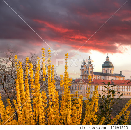 Melk abbey against sunrise during spring time in 53691223
