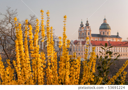 Melk abbey against sunrise during spring time in Melk abbey against sunrise during spring time in 53691224