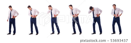 Wounded businessman with blood stains isolated on white backgrou Wounded businessman with blood stains isolated on white backgrou 53693437