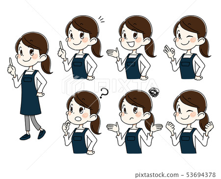 Young woman wearing apron and pointing fingers Young woman wearing apron and pointing fingers 53694378