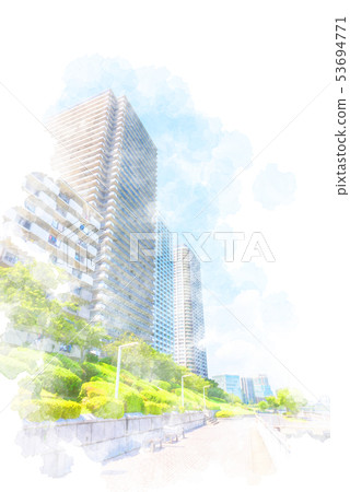 High-rise apartment group of Tsukishima watercolor style High-rise apartment group of Tsukishima watercolor style 53694771
