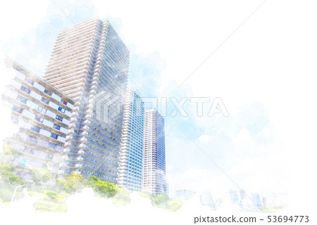 High-rise apartment group of Tsukishima watercolor style High-rise apartment group of Tsukishima watercolor style 53694773