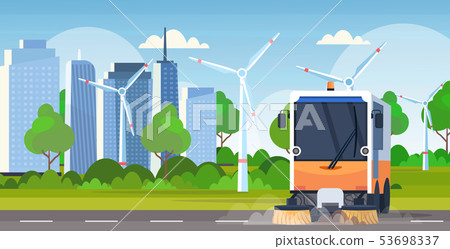 street sweeper truck machine cleaning process industrial vehicle urban road service concept wind 53698337