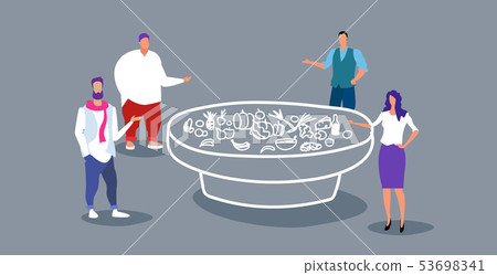 businesspeople standing at catering banquet table with different food business people eating fruits businesspeople standing at catering banquet table with different food business people eating fruits 53698341