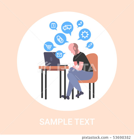 business man sitting workplace businessman using laptop social media network chat bubble online 53698382
