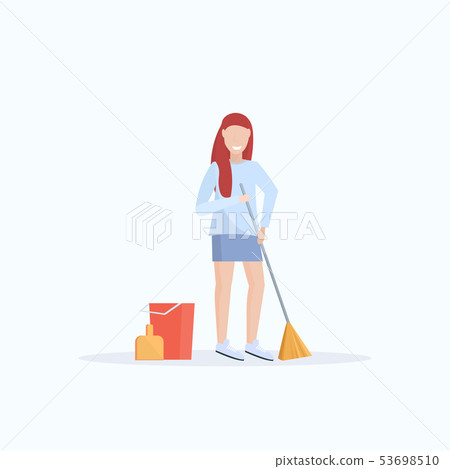 female housewife holding broom woman cleaner sweeping floor cleaning service housekeeping concept 53698510