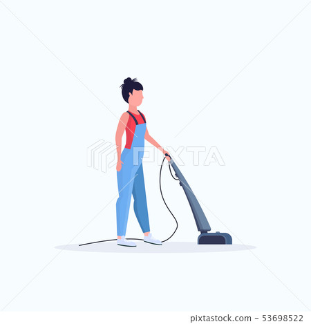 woman using vacuum cleaner female janitor in uniform cleaning service floor care concept flat full 53698522