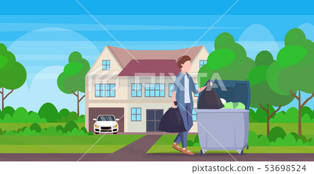 man putting two garbage bags in trash bin young guy doing housework cleaning service concept modern man putting two garbage bags in trash bin young guy doing housework cleaning service concept modern 53698524