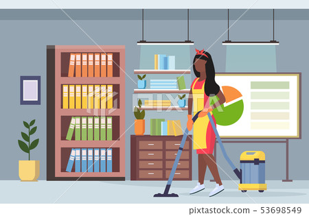 woman using vacuum cleaner afican american girl in uniform vacuuming floor cleaning service concept 53698549