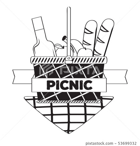 Picnic basket wit a wine bottle, fruits and bread 53699332
