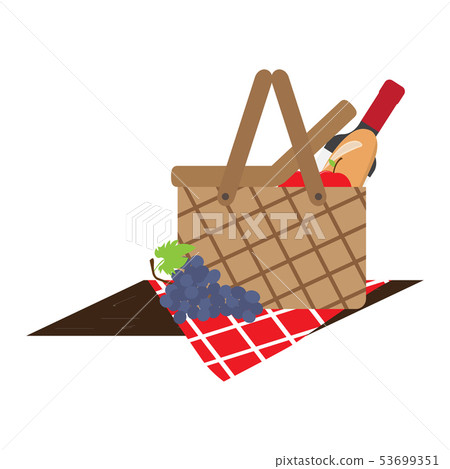 Picnic basket wit a wine bottle, fruits and bread Picnic basket wit a wine bottle, fruits and bread 53699351