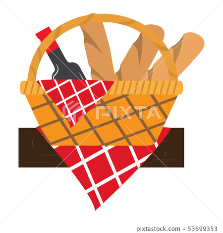 Picnic basket with bread and wine Picnic basket with bread and wine 53699353