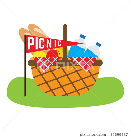 Picnic basket with water bottle, bread and fruits 53699587