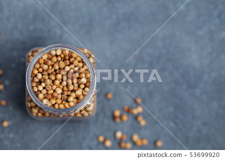 Coriander seeds in a jar on grey stone background. Top view. Copy space. 53699920