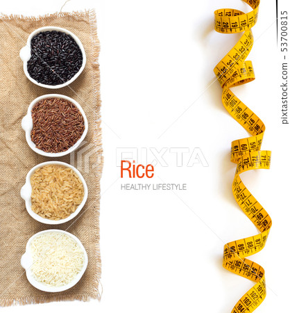 Variety of rice in bowls isolated on white Variety of rice in bowls isolated on white 53700815