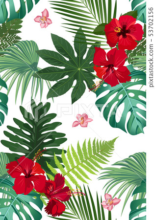 Seamless vector pattern tropical leaves with red Seamless vector pattern tropical leaves with red 53702156