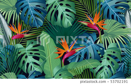 Seamless pattern tropical leaves with bird of Seamless pattern tropical leaves with bird of 53702191