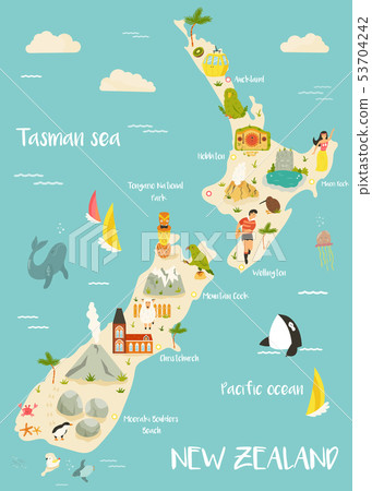 New Zealand Illustrated Map With Bright Icons Stock Illustration