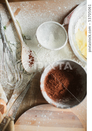 cooking cake on the table and baking cake ingredients 53705061