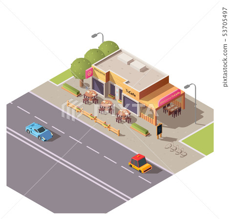 Isometric 3d cafe building with outdoor terrace 53705497