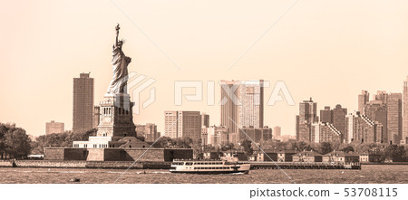 Statue of Liberty with Liberty State Park and Jersey City skyscrapers in background, USA Statue of Liberty with Liberty State Park and Jersey City skyscrapers in background, USA 53708115