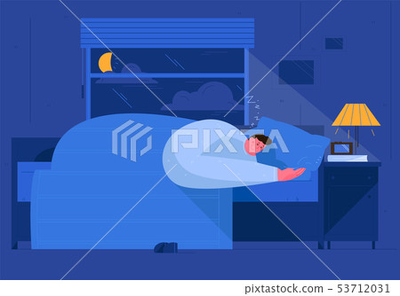 The Boy sleeps at night. Man sleeping in bed under the covers. Interior bedroom girls at home. Male 53712031