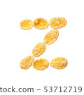 Yellow cornflakes letter Z isolated on white background. Alphabet cereal flakes 53712719