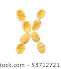 Yellow cornflakes letter X isolated on white background. Alphabet cereal flakes. 53712721