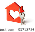 Wooden red house and keys isolated on white background. 53712726