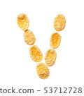 Yellow cornflakes letter V isolated on white background. Alphabet cereal flakes. 53712728