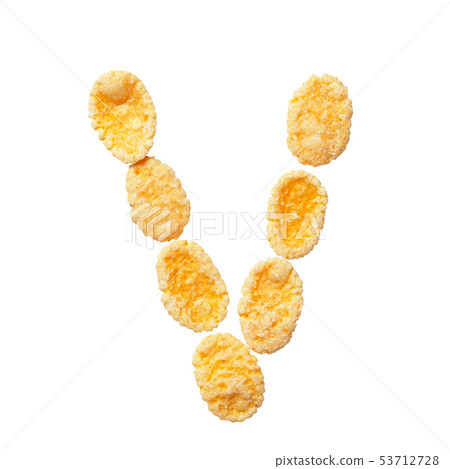 Yellow cornflakes letter V isolated on white background. Alphabet cereal flakes. Yellow cornflakes letter V isolated on white background. Alphabet cereal flakes. 53712728