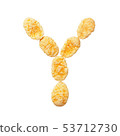 Yellow cornflakes letter Y isolated on white background. Alphabet cereal flakes. 53712730