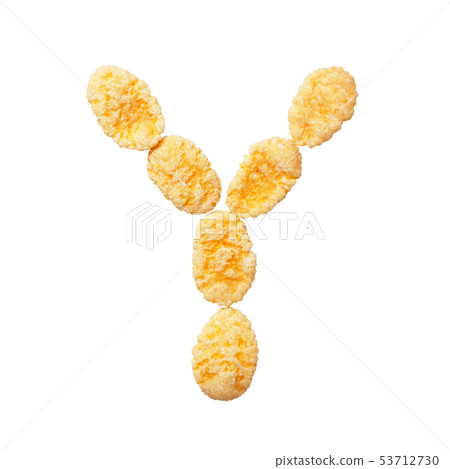 Yellow cornflakes letter Y isolated on white background. Alphabet cereal flakes. Yellow cornflakes letter Y isolated on white background. Alphabet cereal flakes. 53712730