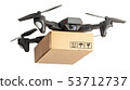 Drone with a cardboard box makes delivery by air. Drone with a camera carries postal parcel. 53712737